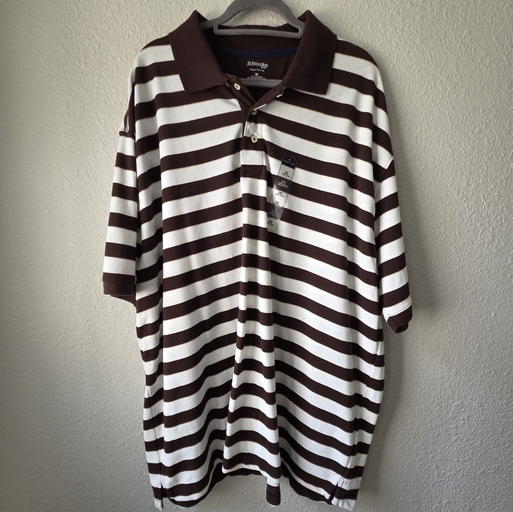 NWT St John’s Bay Heritage Pique Polo 100% Cotton Cream Tan Brown Stripes 3XL